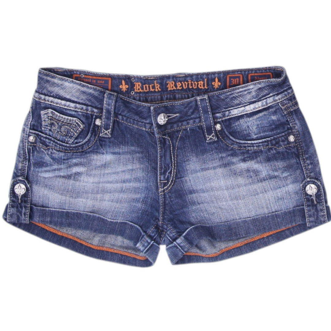 Y2K Ladies Rock Revival Alanis Denim Shorts Washed Blue Distressed