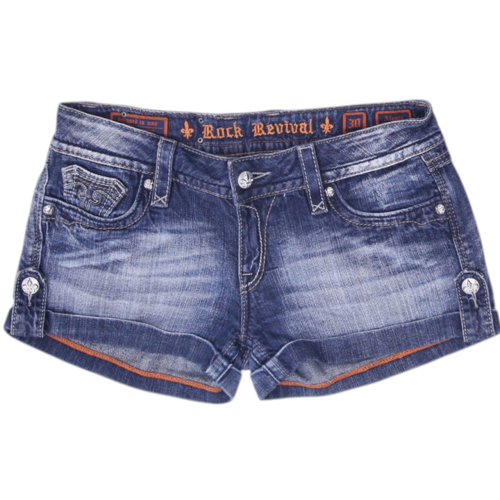 Y2K Ladies Rock Revival Alanis Denim Shorts Washed Blue Distressed