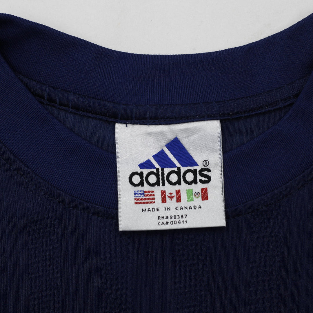 Vintage Embroidered Adidas Logo Navy Striped Sleeve Sports T-Shirt | Migration_T-Shirts - Back View | Fashion Rerun