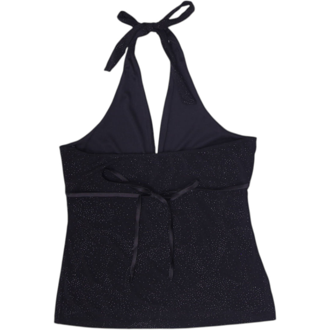 Y2K Ladies Le Chateau Halter Top Black Glitter Shimmer Size L