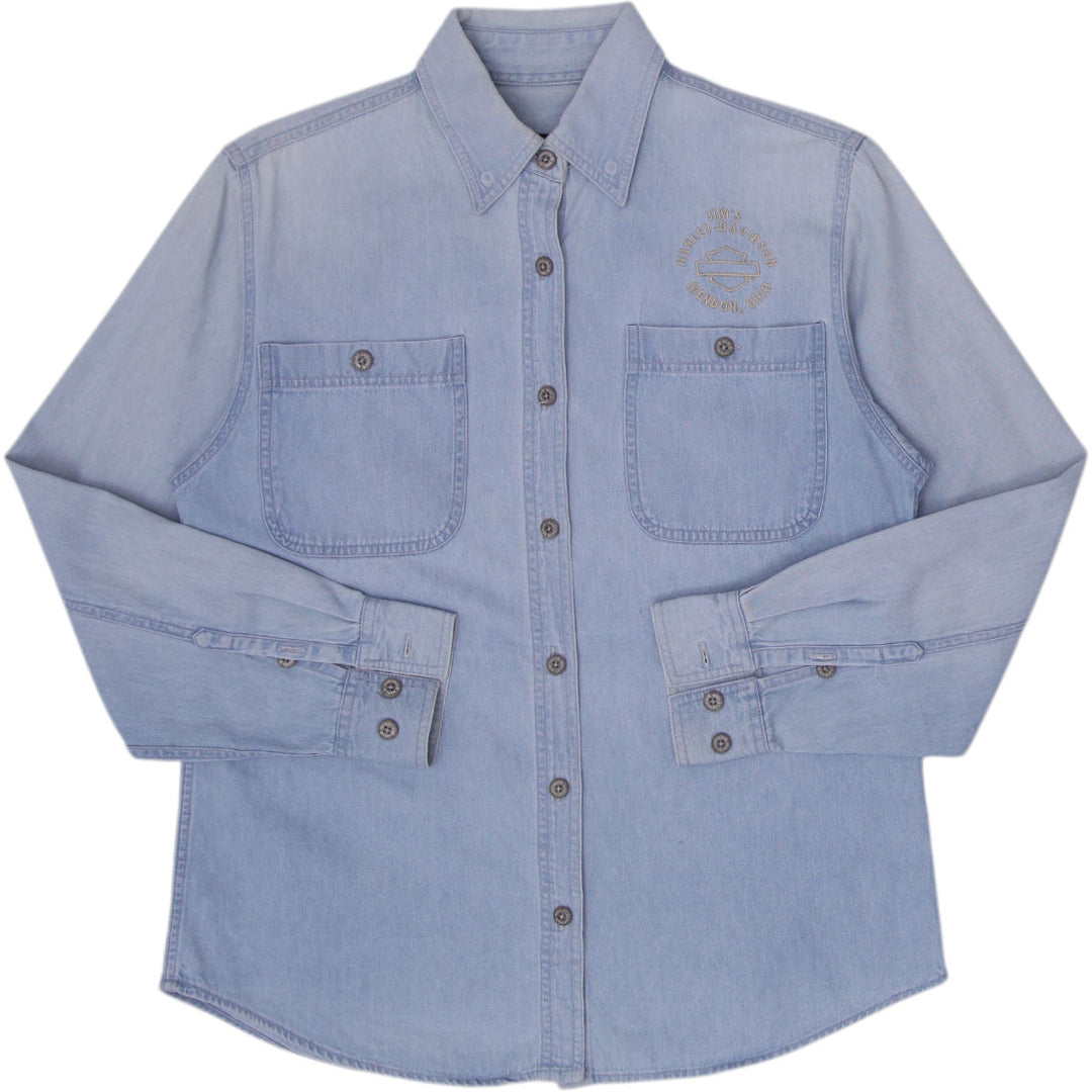 Vintage Ladies Harley Davidson Denim Shirt Light Blue Embroidered Logo