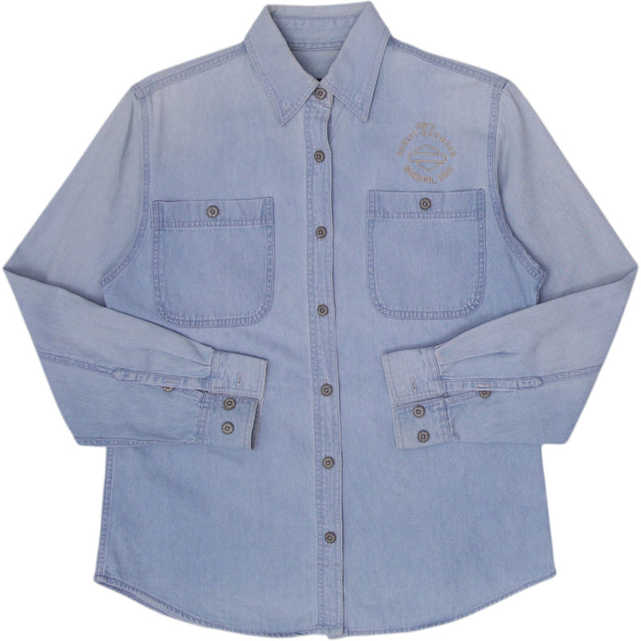 Vintage Ladies Harley Davidson Denim Shirt Light Blue Embroidered Logo