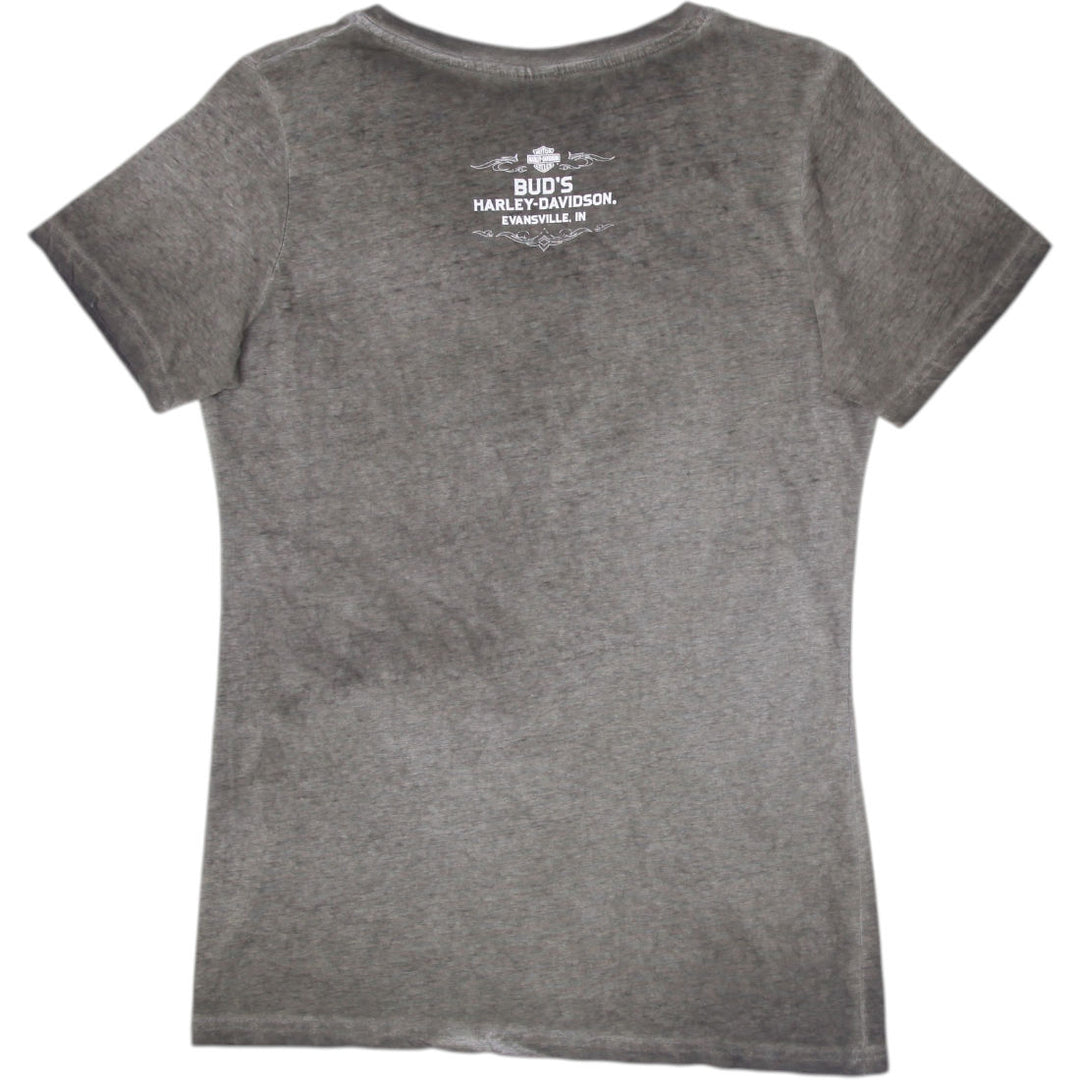 Ladies Harley Davidson T-Shirt Olive Green Graphic V-Neck
