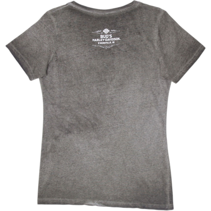 Ladies Harley Davidson T-Shirt Olive Green Graphic V-Neck