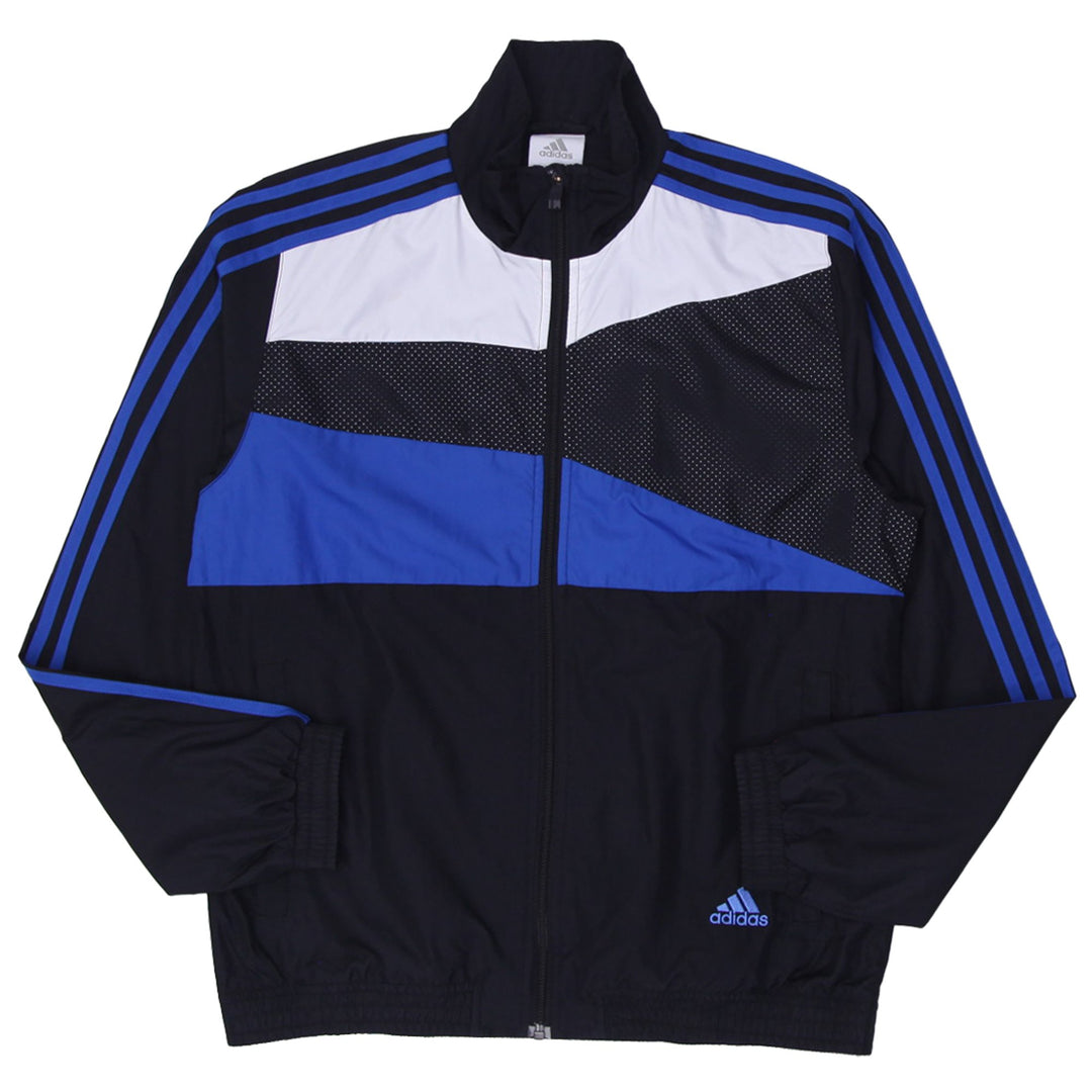 Ladies Adidas track jacket in black and blue with full zip and retro style design