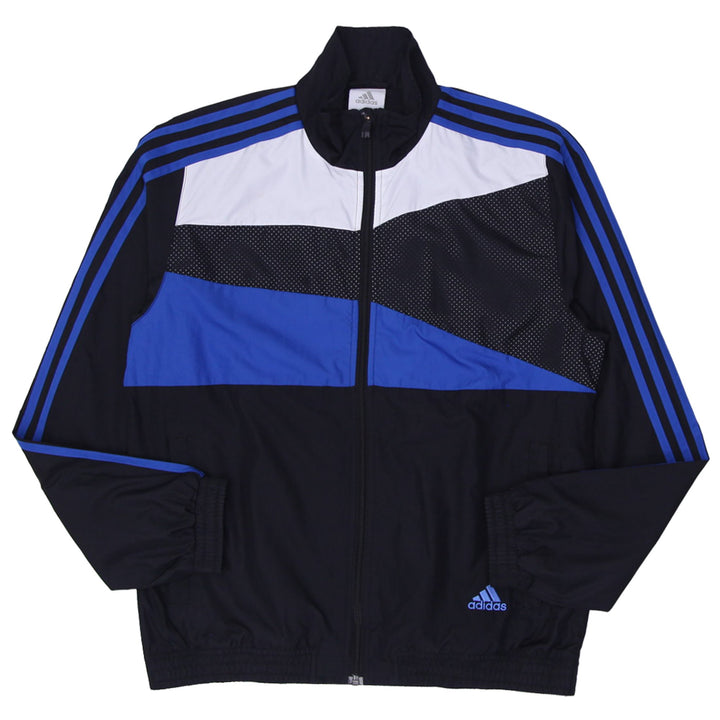 Ladies Adidas track jacket in black and blue with full zip and retro style design