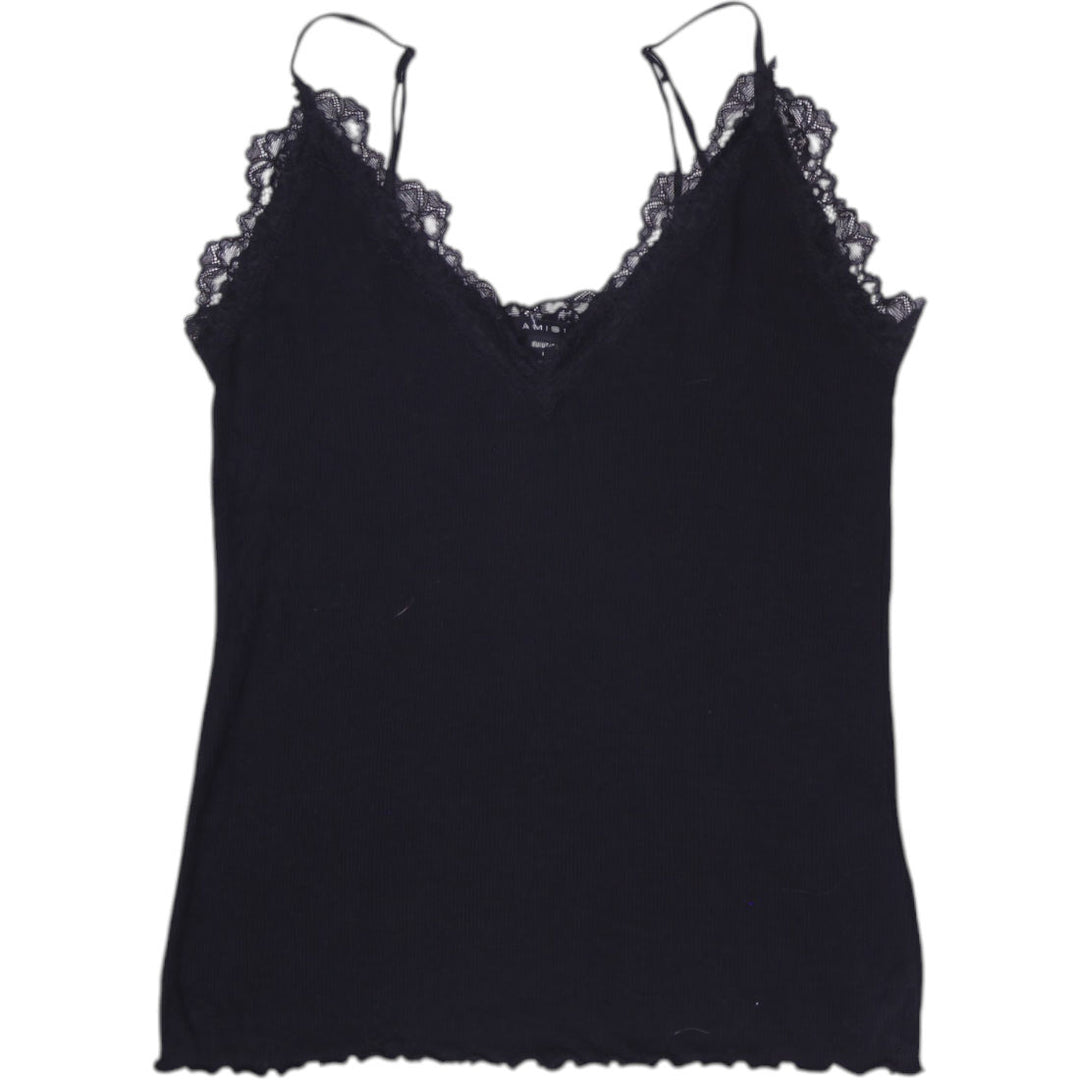 Y2K Ladies Amisu Black Ribbed Cami Top Lace Trim Spaghetti Strap Lettuce Hem L