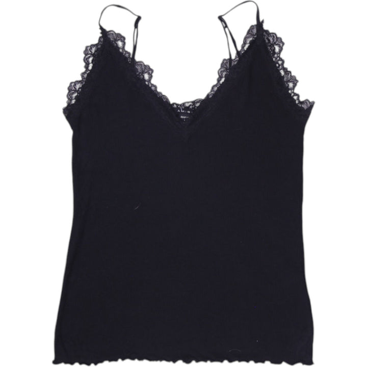 Y2K Ladies Amisu Black Ribbed Cami Top Lace Trim Spaghetti Strap Lettuce Hem L