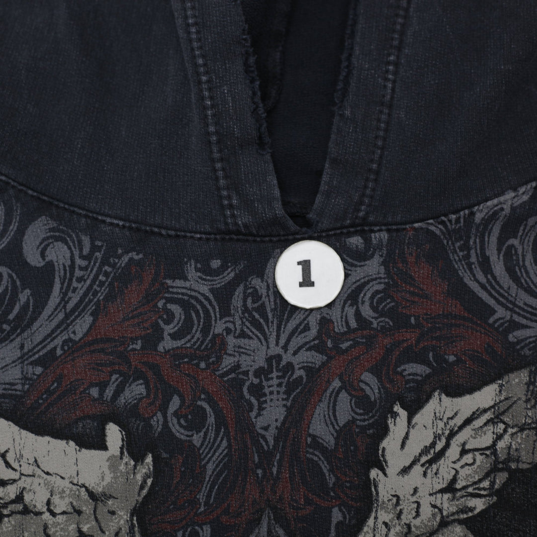 Y2K Mens Affliction Hoodie Black Graphic Large Wings Art Slightly Distressed