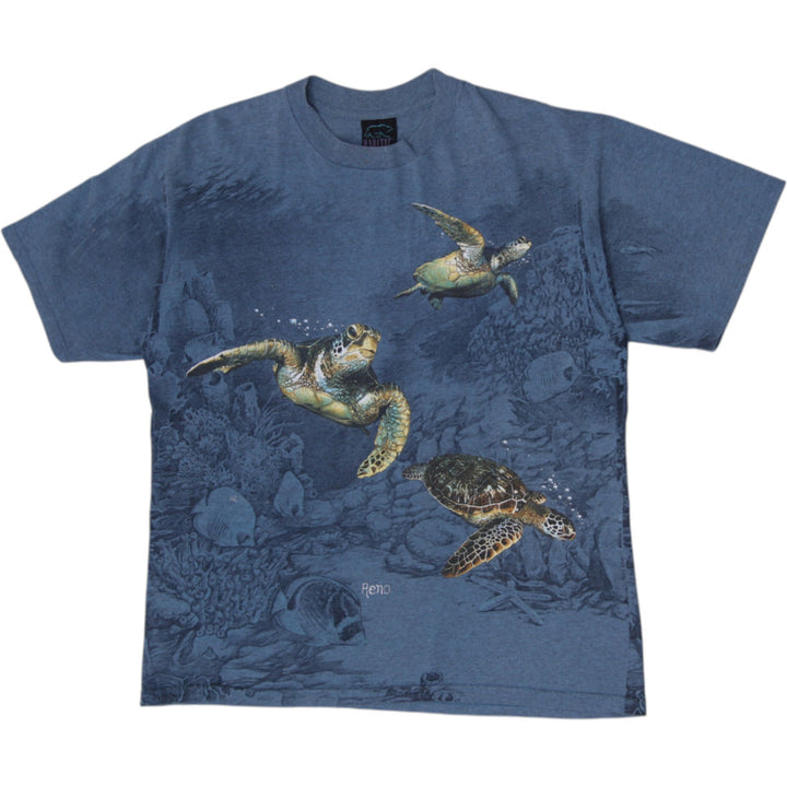 Vintage Habitat Sea Turtles Blue AOP Ocean Undersea Graphic T-Shirt Size L