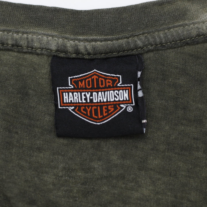 Ladies Harley Davidson T-Shirt Olive Green Graphic V-Neck