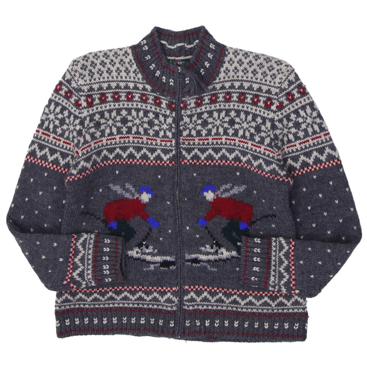 Vintage Ladies Lauren Ralph Lauren Downhill Skier Wool Knit Sweater Medium Full Zip