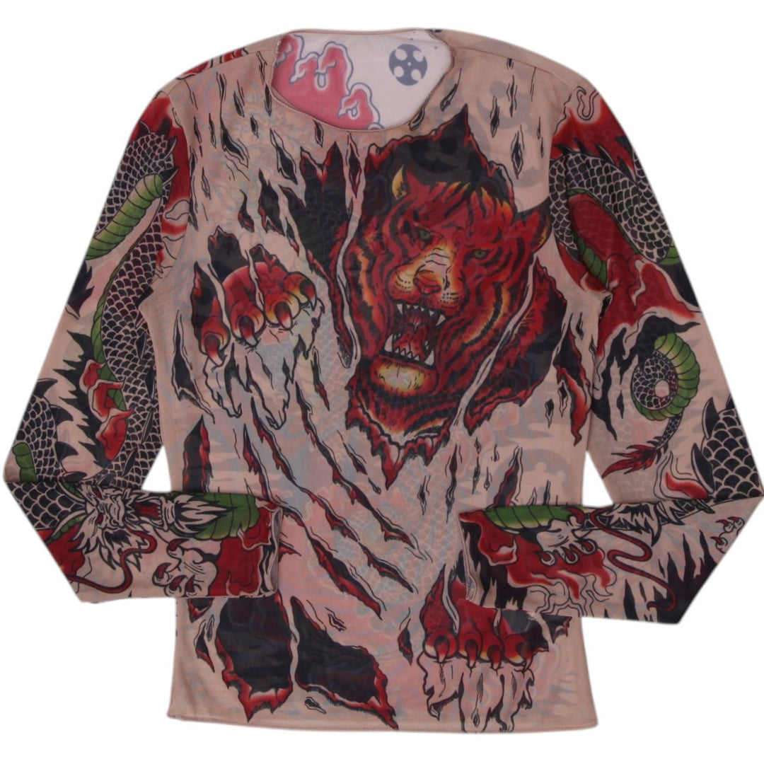 Y2K Ladies Japanese Tiger & Dragon Tattoo Print Sheer Mesh Long Sleeve Top