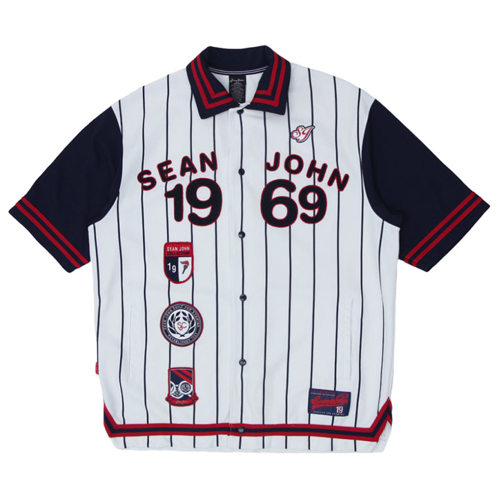 Vintage Sean John Collection Baseball Jersey -1969 Patch Red & Navy Striped Size M - Fashion Rerun Vintage Migration_Jersey