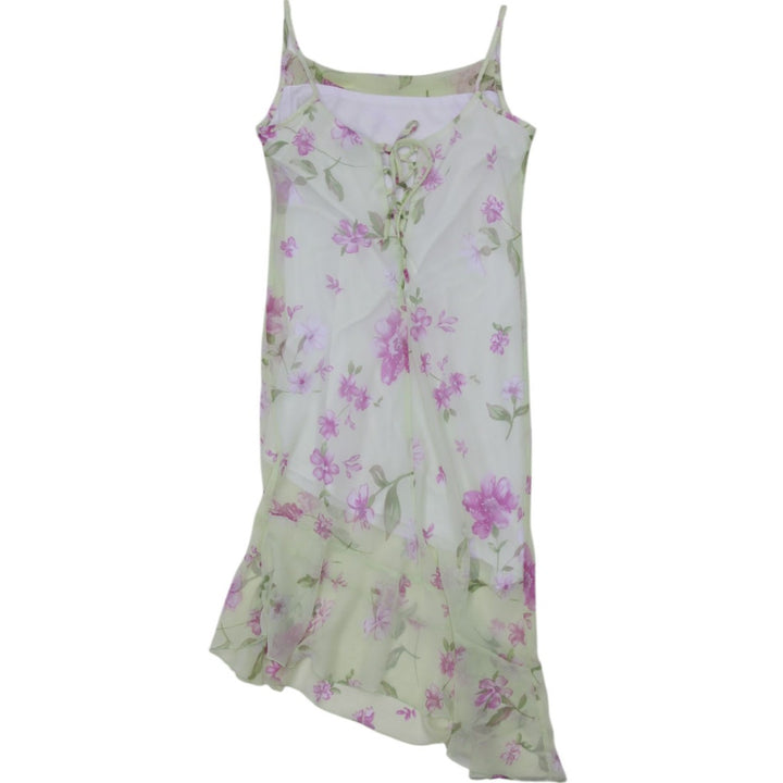 Y2K Ladies Floral Midi Dress Pastel Green Asymmetrical Spaghetti Strap