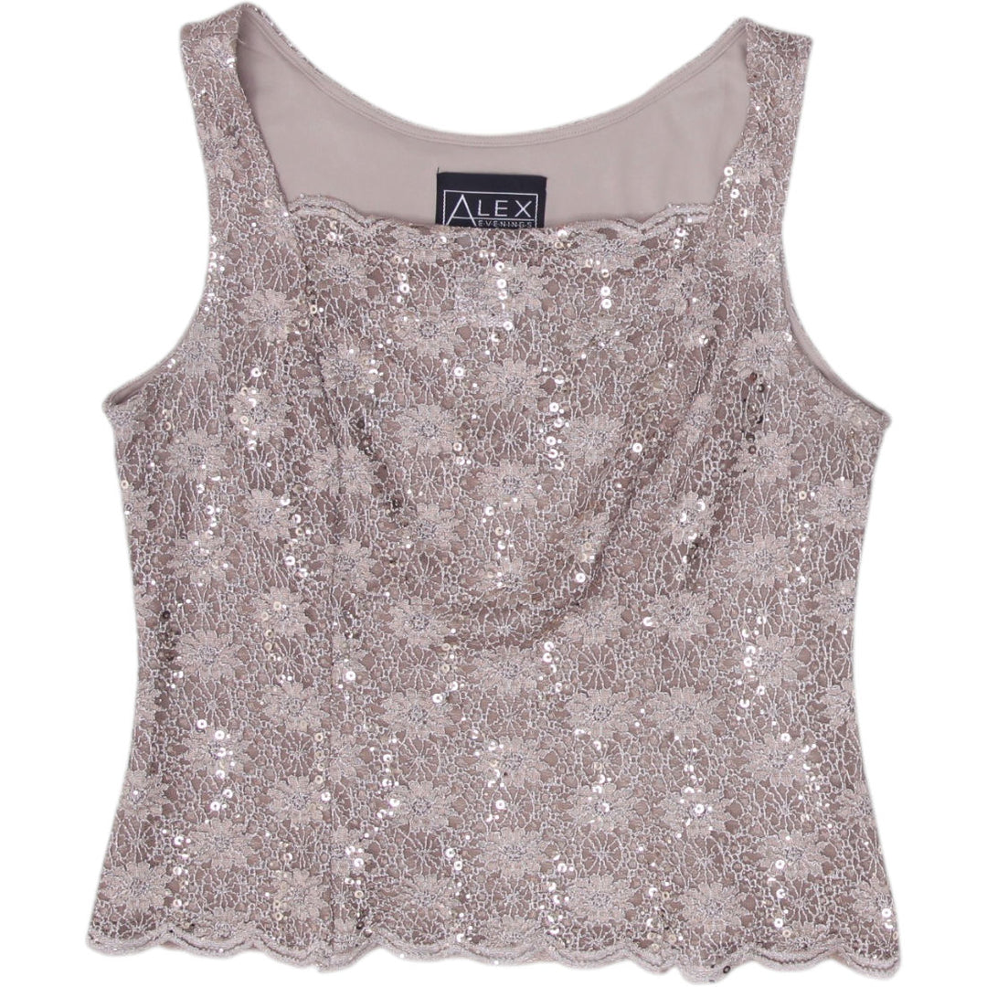 Y2K Ladies Alex Evening Tank Beige Sequin Lace Sleeveless Top