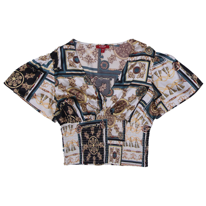 Ladies Guess Crop Top V-Neck Satin Baroque Print Shirred Blouse