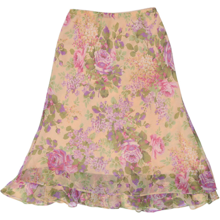 Y2K Ladies Pastel Floral Mesh Ruffle Hem Midi Skirt Size 16