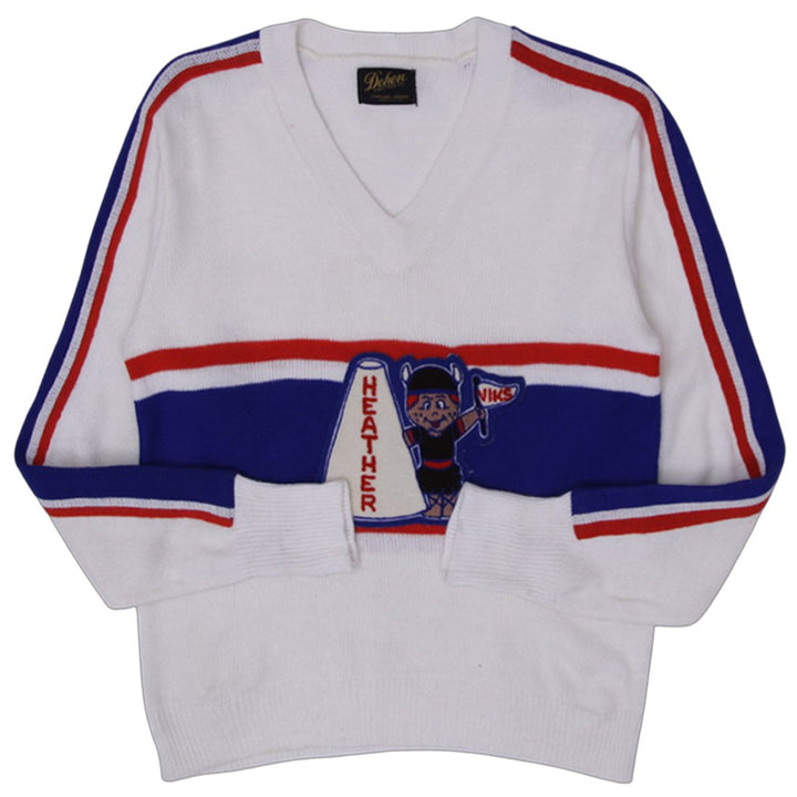 Vintage Mens Dehen Sweater White V-Neck Knit Graphic Made In USA