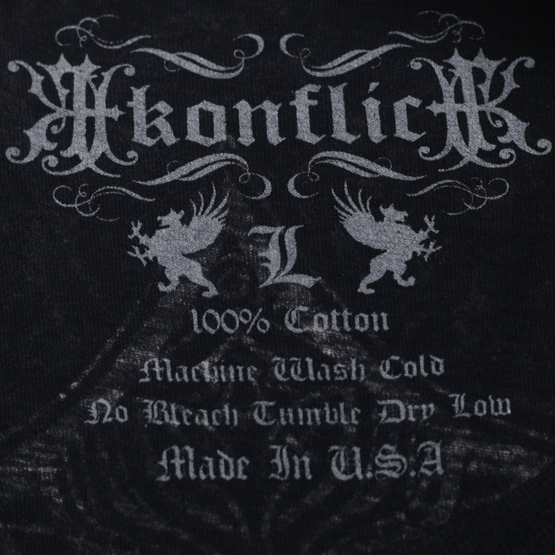 Y2K Mens Akonflic Winged Cross Gothic Graphic T-Shirt Black Acid Wash Size L