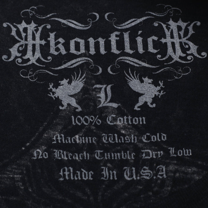Y2K Mens Akonflic Winged Cross Gothic Graphic T-Shirt Black Acid Wash Size L