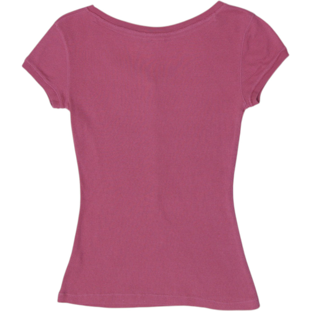 Y2K Ladies SO Ribbed Henley Baby Tee Mauve Pink Lace Trim Coquette