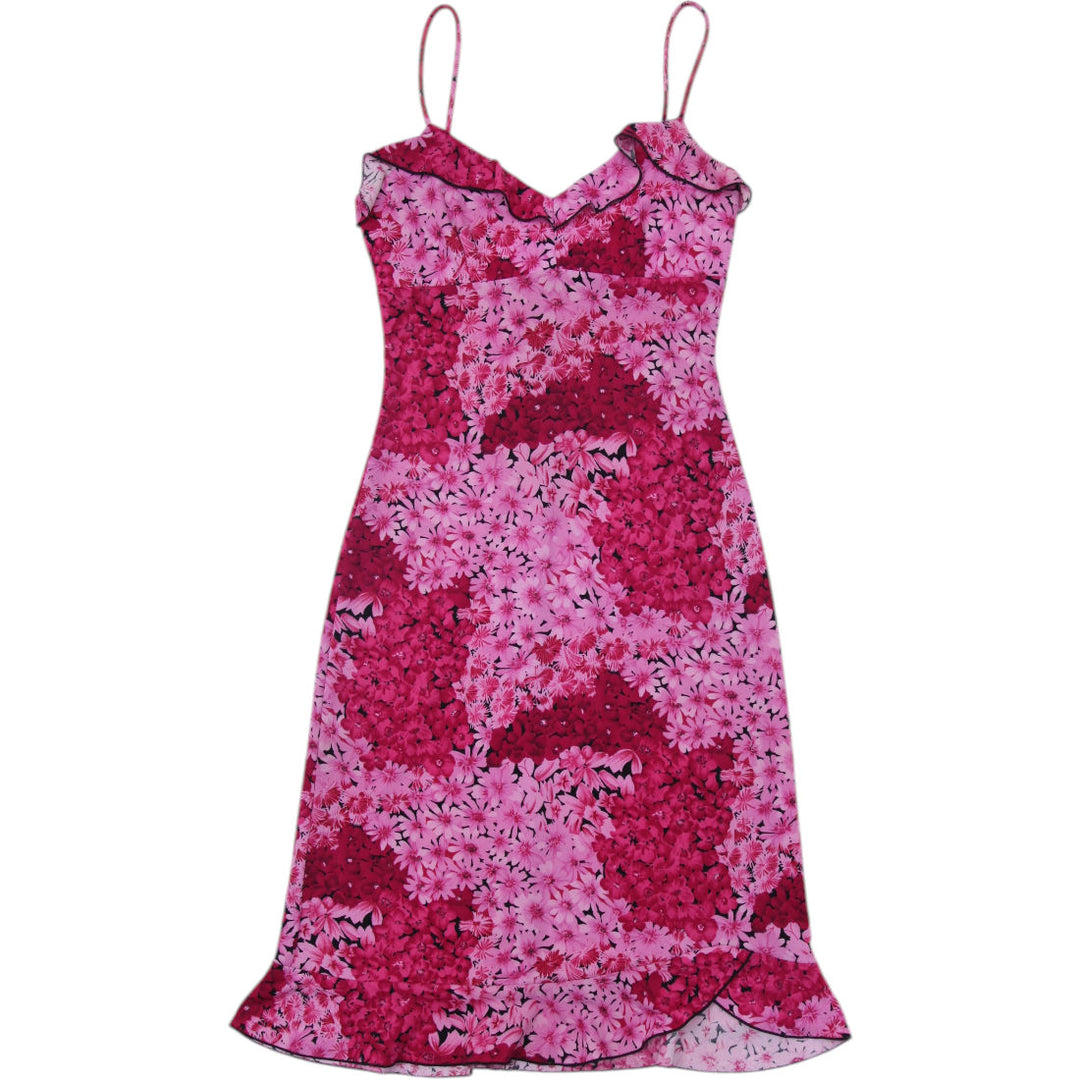 Y2K Ladies La Belle Floral Midi Dress Pink Spaghetti Strap V-Neck Size M