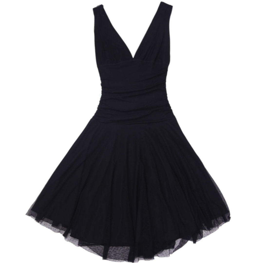 Y2K Ladies V-Neck Black Mesh Overlay Cocktail Dress Size XXS