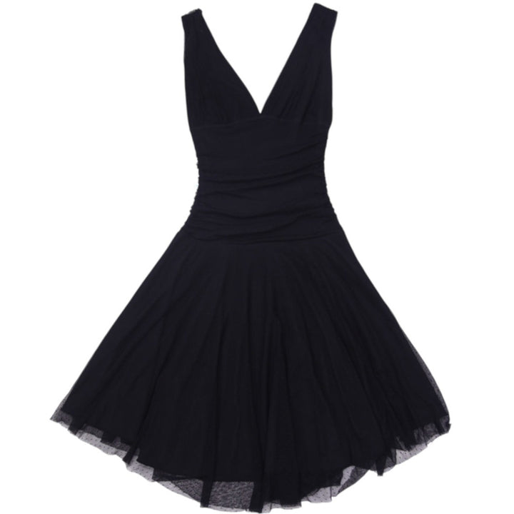 Y2K Ladies V-Neck Black Mesh Overlay Cocktail Dress Size XXS