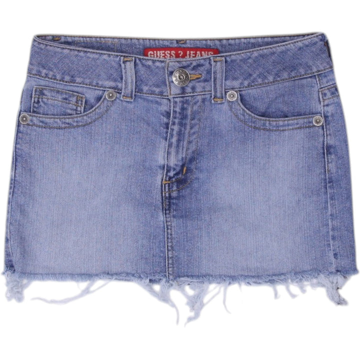Y2K Ladies Guess Denim Mini Skirt Blue Frayed Hem Size 26