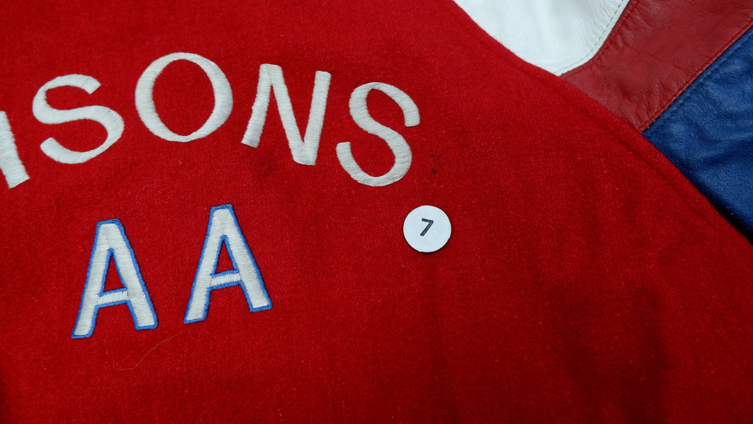 Vintage Mens Classic Varsity Jacket Red Navy Wool Leather Bisons | Migration_Jackets - View 10 | Fashion Rerun