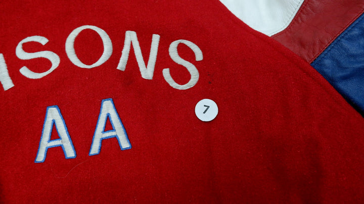 Vintage Mens Classic Varsity Jacket Red Navy Wool Leather Bisons | Migration_Jackets - View 10 | Fashion Rerun