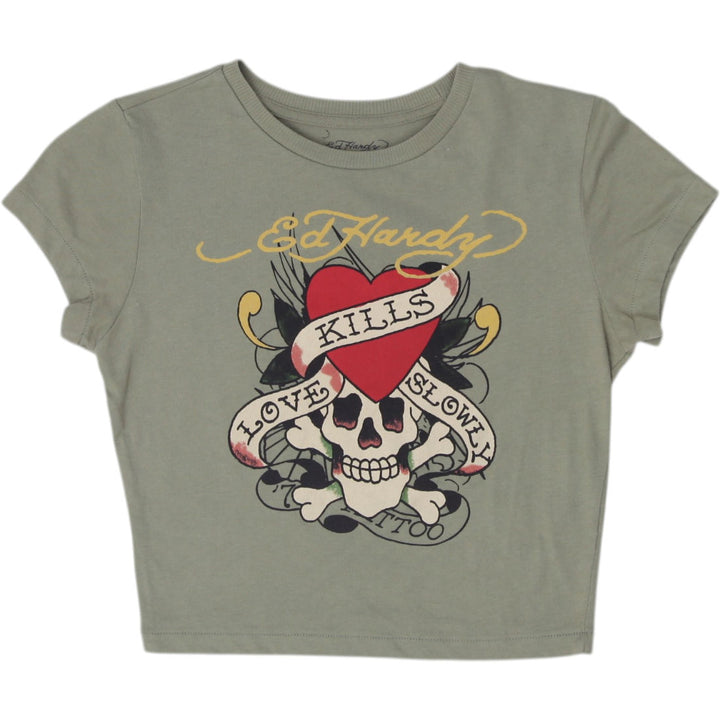 Y2K Ladies Ed Hardy "Love Kills Slowly" Graphic Crop Top Size M