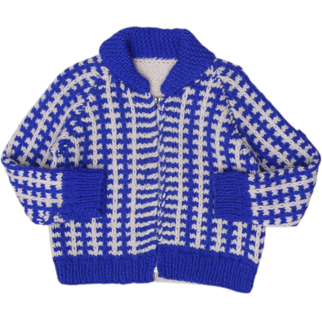 Vintage Ladies Blue Checkered Wool Knit Full Zip Winter Sweater Size L | Migration_Knitwear & Sweaters | Fashion Rerun