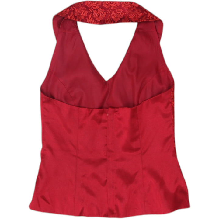 Y2K Ladies Blouse Red Satin Floral Detail Top Size XS | Migration_Y2K Tops - Side View | Fashion Rerun