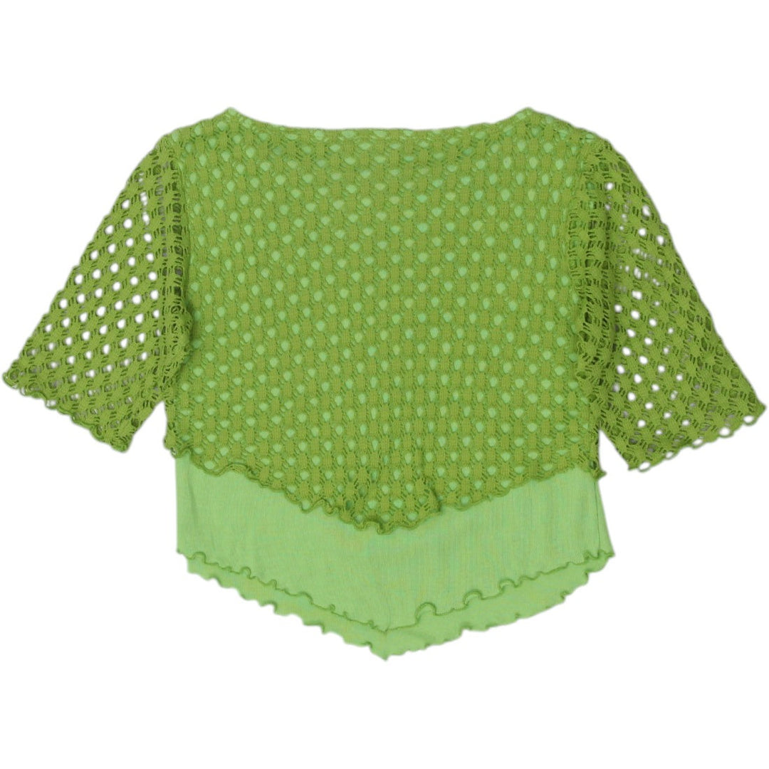 Y2K Ladies Lime Green Layered Crochet Short Sleeve Top Size L | Migration_Y2K Tops - Side View | Fashion Rerun