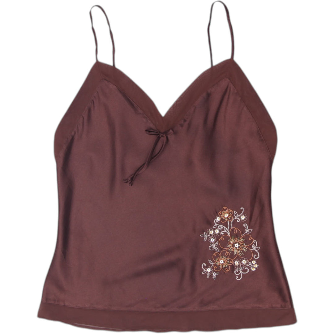 Y2K Ladies Secret Treasures Brown Satin Cami Top Floral Sequined Embroidery M