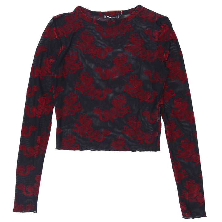 Y2K Mesh Dragon Felt Print Long Sleeve Top - Fashion Rerun Vintage Migration_Tops