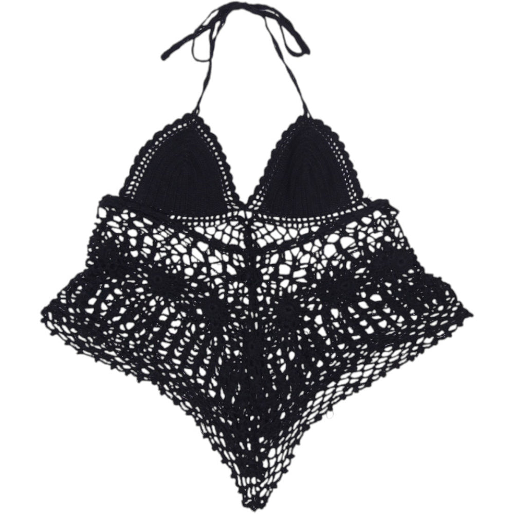 Y2K Ladies Black Boho Festival Beachwear Crochet Halter Top Size XS | Migration_Tops - Side View | Fashion Rerun