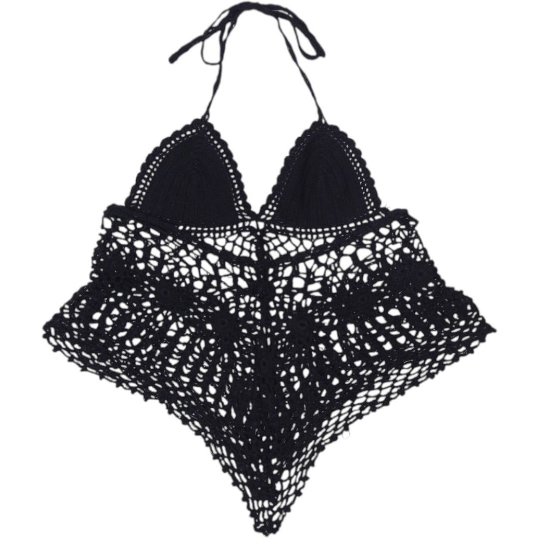 Y2K Ladies Black Boho Festival Beachwear Crochet Halter Top Size XS | Migration_Tops - Side View | Fashion Rerun