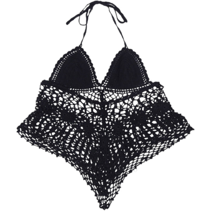 Y2K Ladies Black Boho Festival Beachwear Crochet Halter Top Size XS | Migration_Tops - Side View | Fashion Rerun