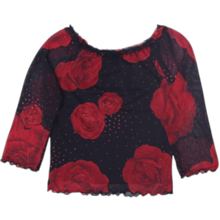 Y2K Ladies Edgy Top Black Red Rose Mesh Floral Made in USA Size S