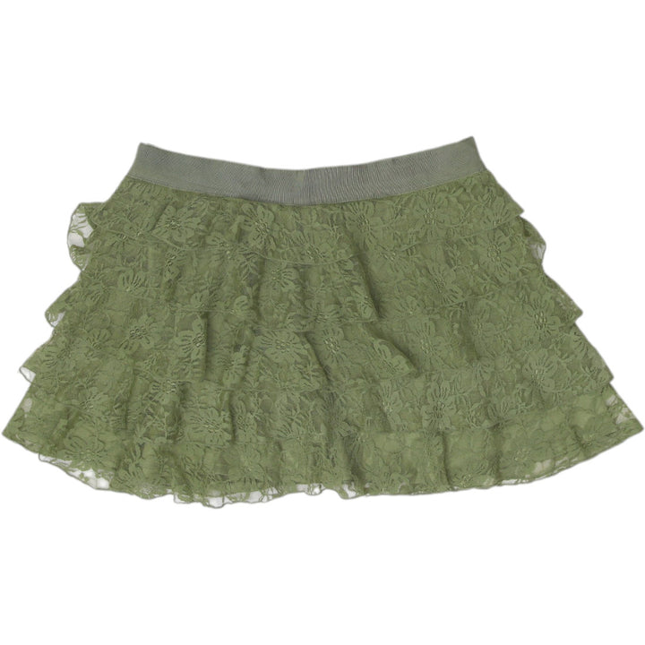 Y2K Ladies XXI Twist Olive Green Tiered Lace Ruffle Mini Skirt Size s