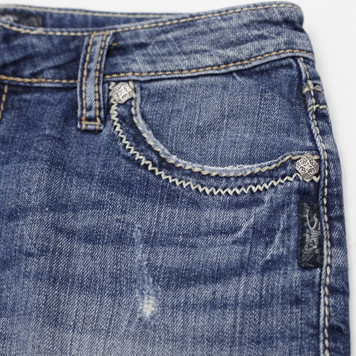 Y2K Ladies Silver Mini Skirt Blue Distressed Denim