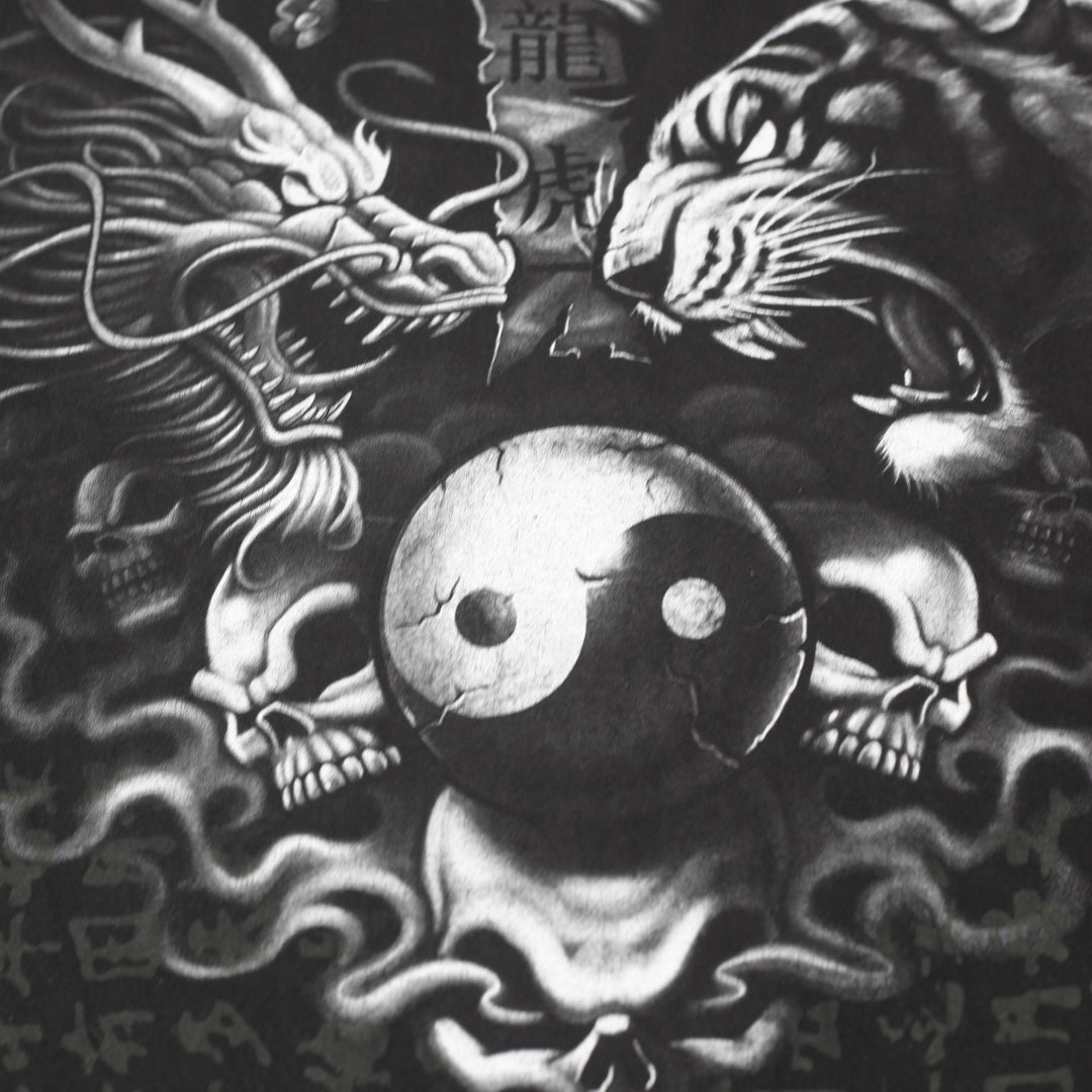 Vintage Dragon vs Tiger Yin Yang Graphic Black T-Shirt
