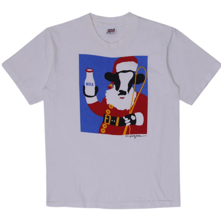 Vintage Mens Anvil Santa Cow Graphic Crew Neck S.Stitch T-Shirt Size M