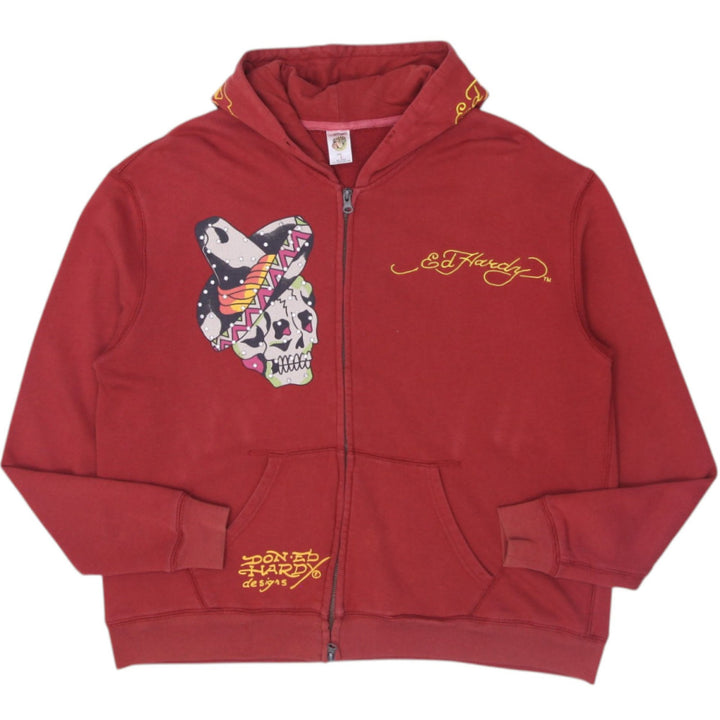 Y2K Ladies Ed Hardy Rhinestone Skull Zip Up Burgundy Hoodie Large