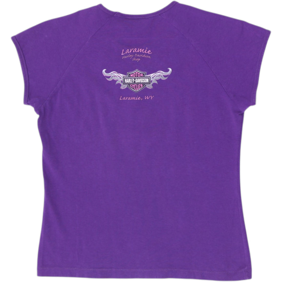 Ladies Harley Davidson Purple Fairy Graphic Baby Tee T-Shirt Size L