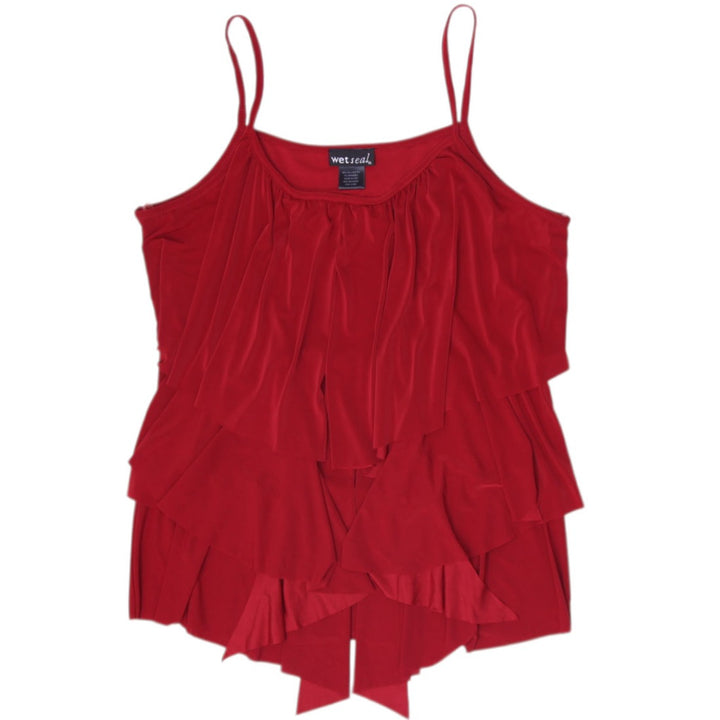 Y2K Ladies Crimson Red Ruffled Tiered Cami Top Made in USA