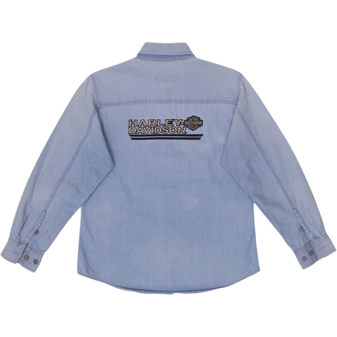 Vintage Ladies Harley Davidson Denim Shirt Light Blue Embroidered Logo